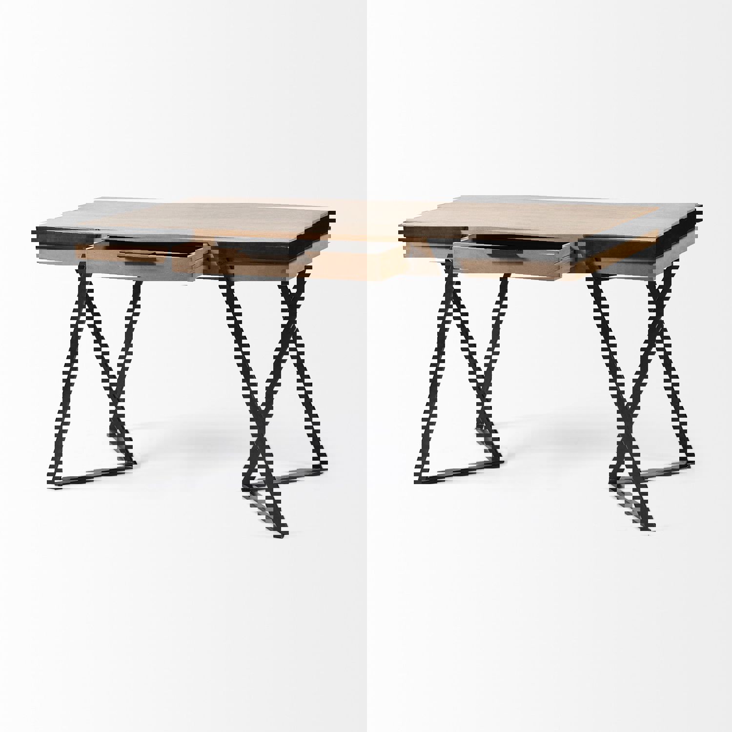 Solid Mango Wood Finish Writing Desk With Single Storage And Black Triangular Iron Legs