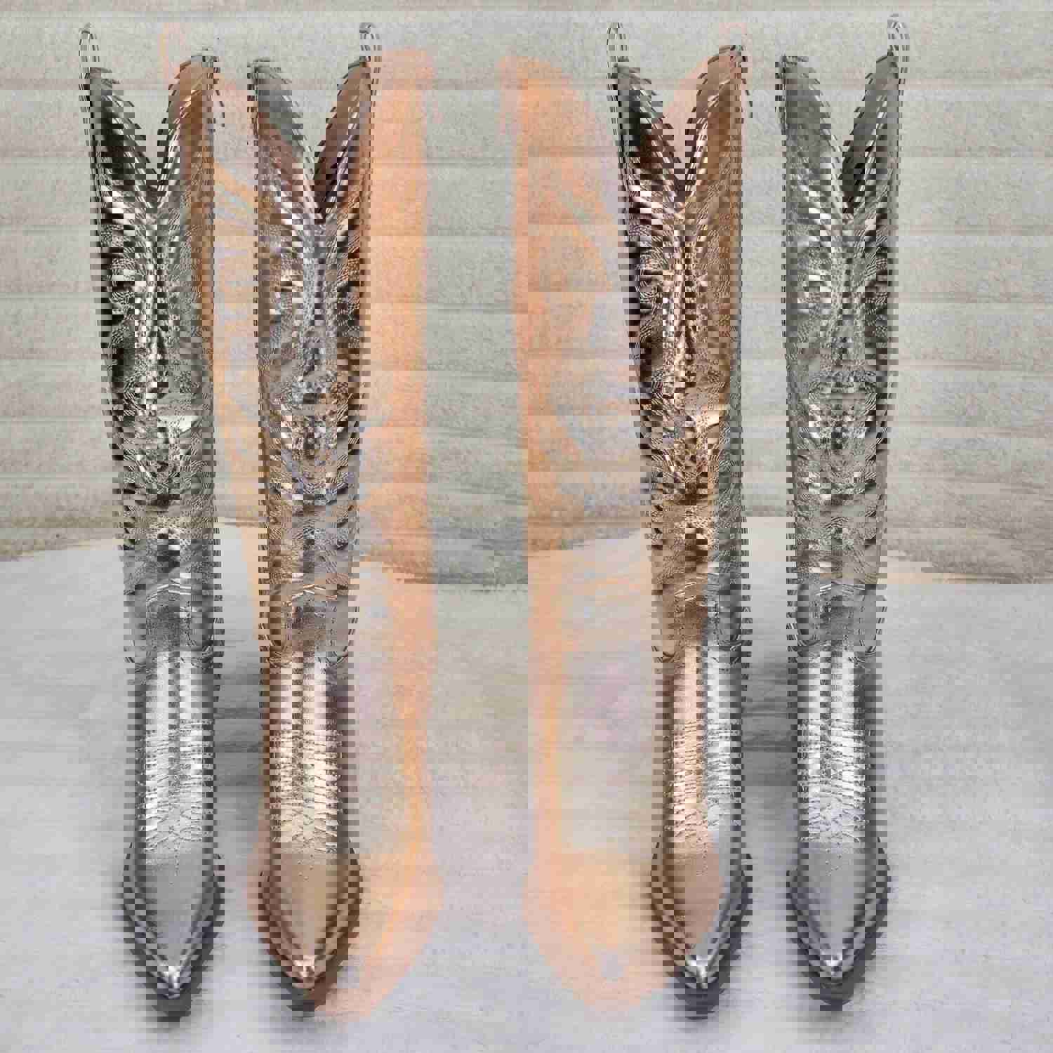 Disco Cowgirl Metallic Rose Gold Cowboy Knee Boots with Western Block Heels