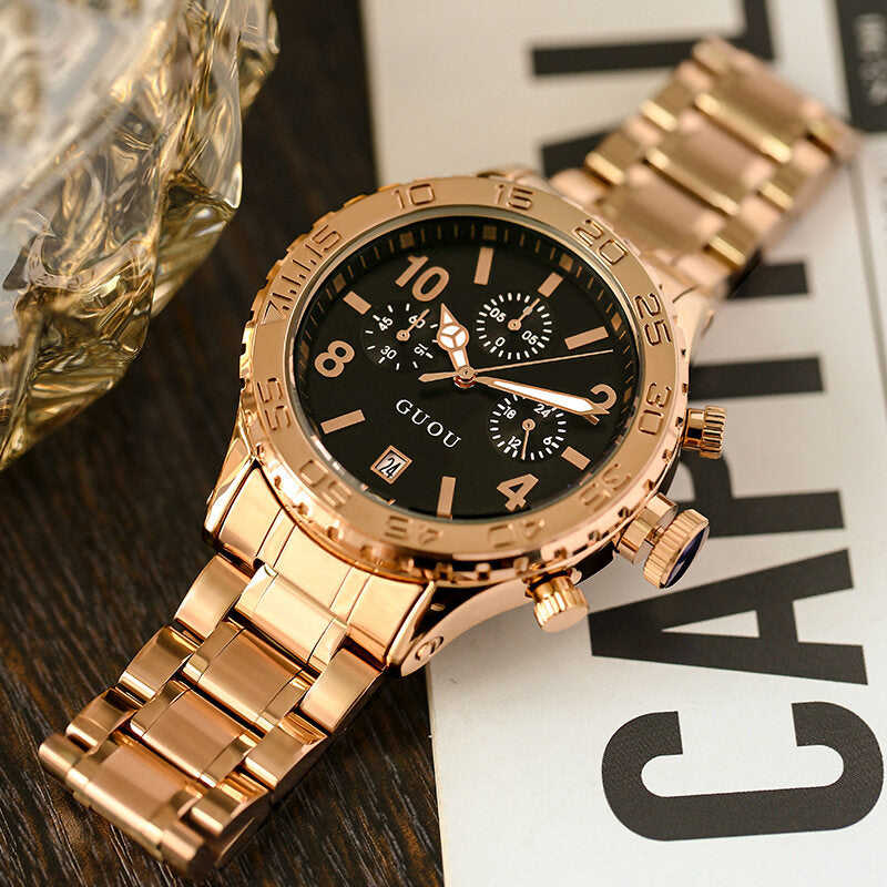GUOU Women's Watch - Fashion Trend Large Dial Calendar Korean Style Steel Band Quartz Watch