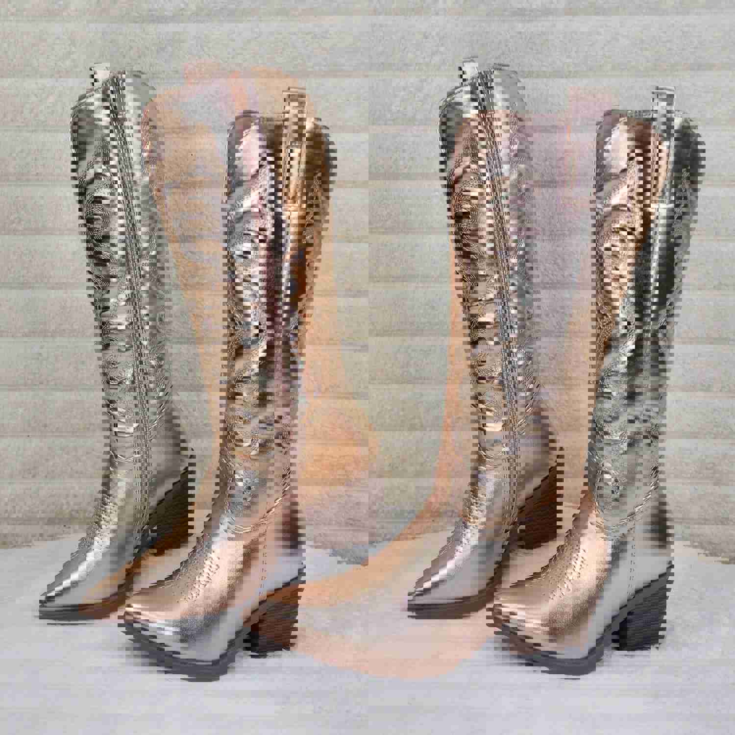 Disco Cowgirl Metallic Rose Gold Cowboy Knee Boots with Western Block Heels