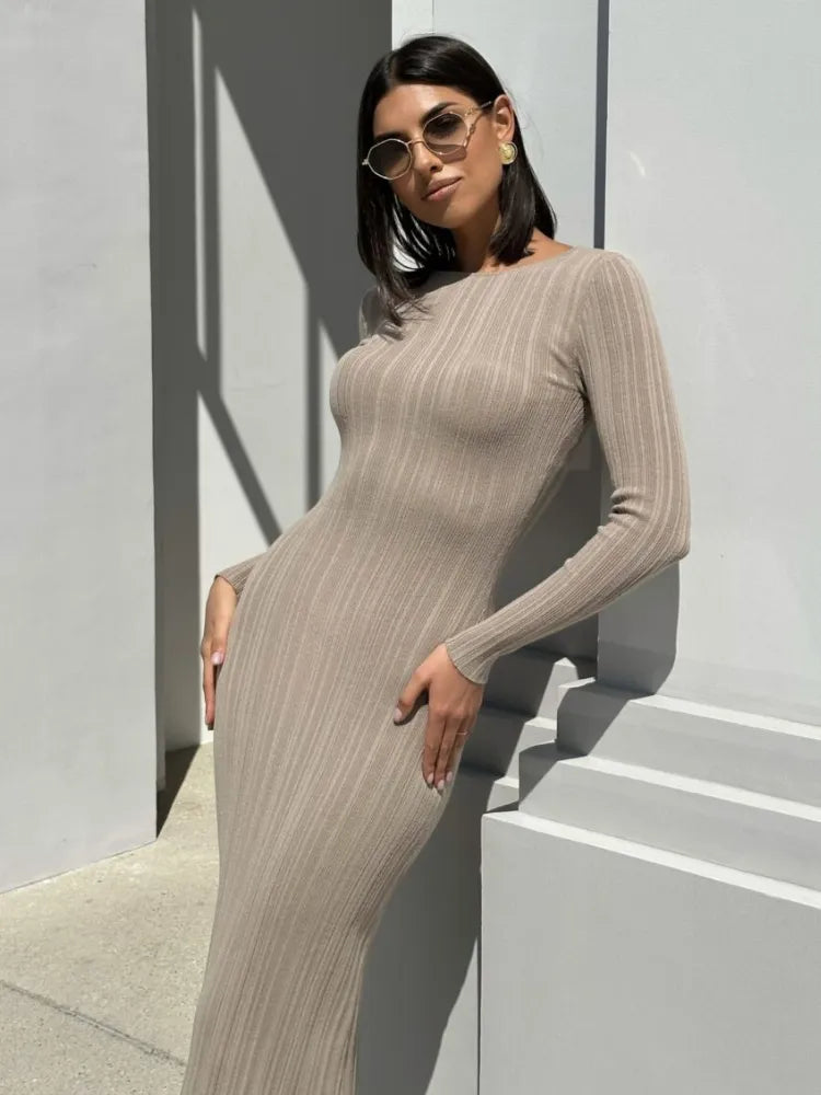 Autumn Long Sleeve Knitted Maxi Dress for Women - Elegant, Sexy Bodycon Party Dress