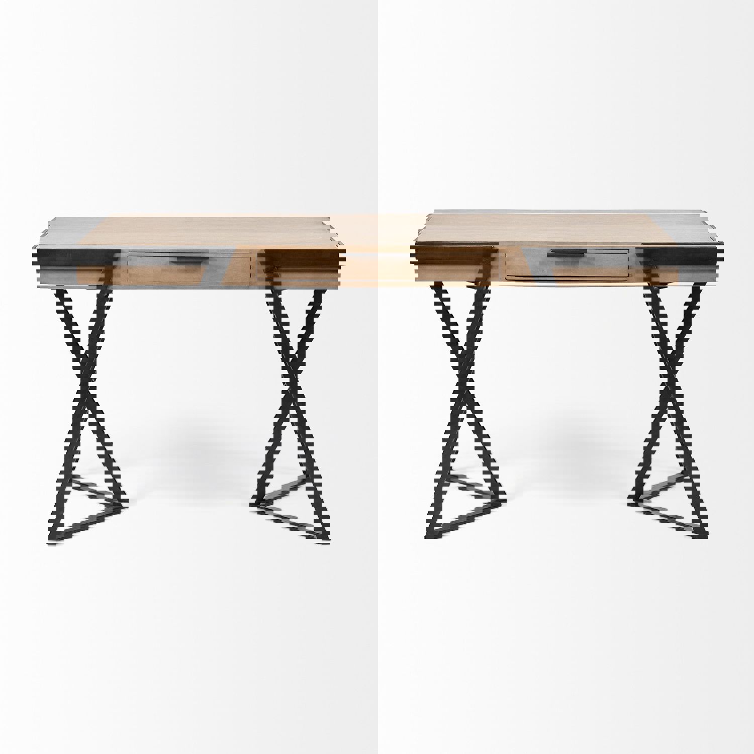 Solid Mango Wood Finish Writing Desk With Single Storage And Black Triangular Iron Legs