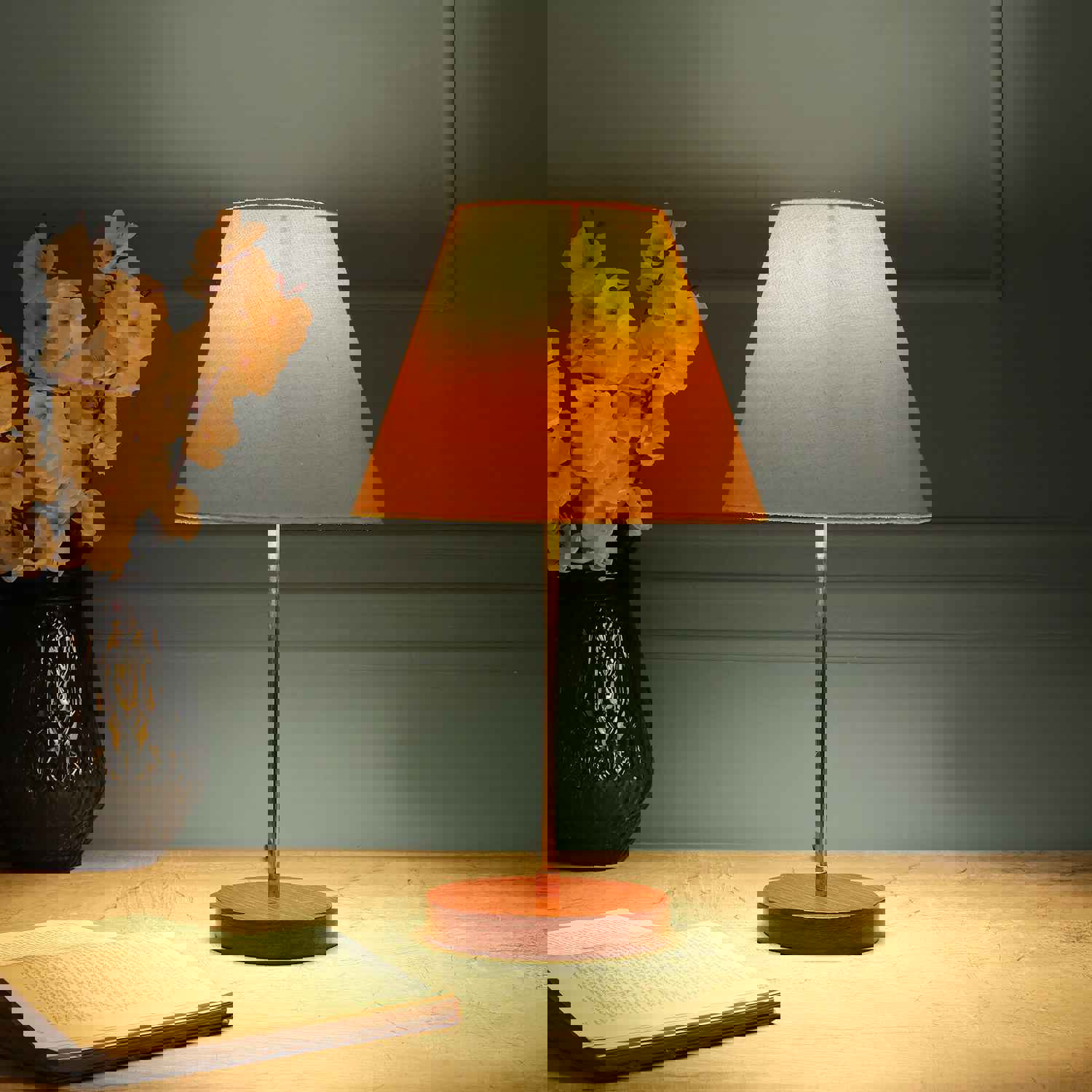 BTR CRAFTS Light Gold Rod & Brown Wooden Base Table Lamp with Conical Lampshade