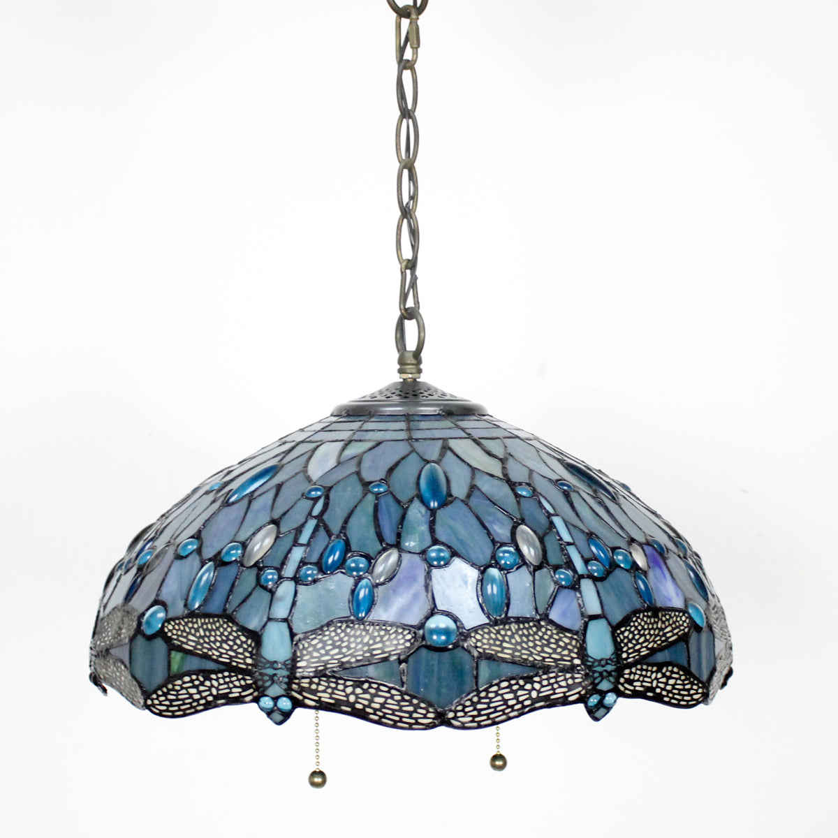 Tiffany Hanging Light Werfactory® Pendant Lamp Fixture Sea Blue Stained Glass Dragonfly 16 Inch