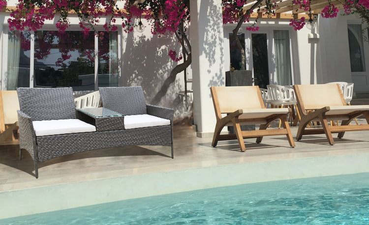 Patio Loveseat Furniture Set, Rattan Wicker Outdoor Set with Removable Cushions and Tempered Glass Table (Dark Brown)