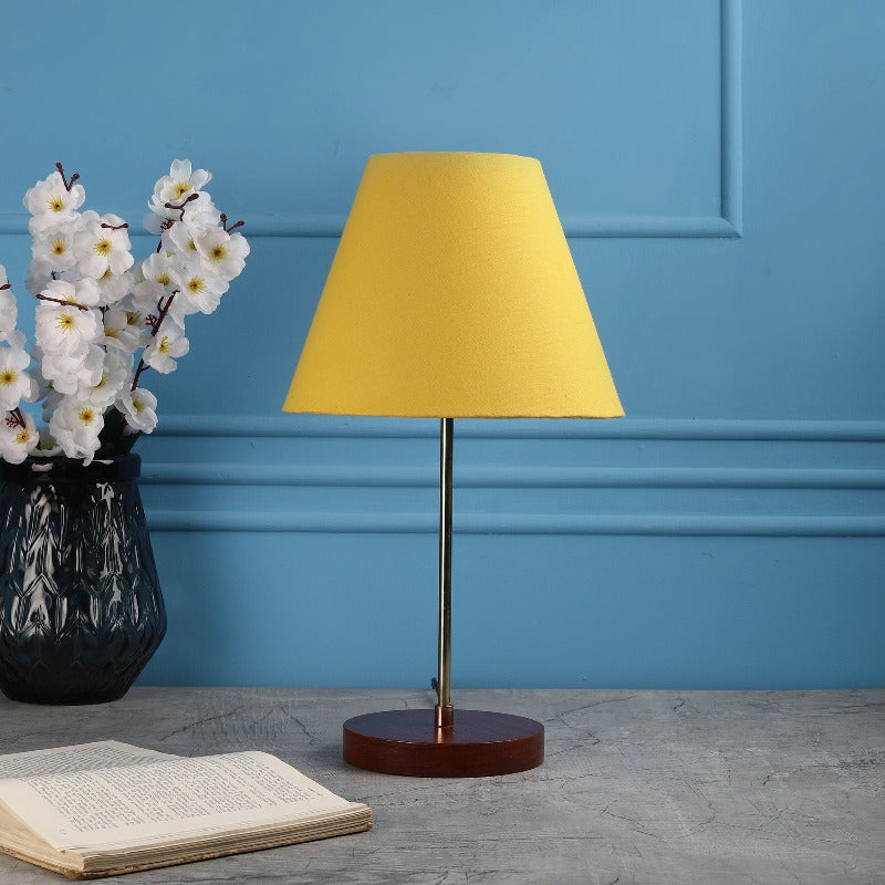 BTR CRAFTS Light Gold Rod & Brown Wooden Base Table Lamp with Conical Lampshade