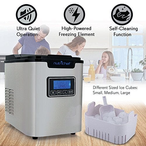 NutriChef Countertop Digital Ice Cube Maker - Upgraded Portable Stainless Steel Ice Machine with Built-in Freezer
