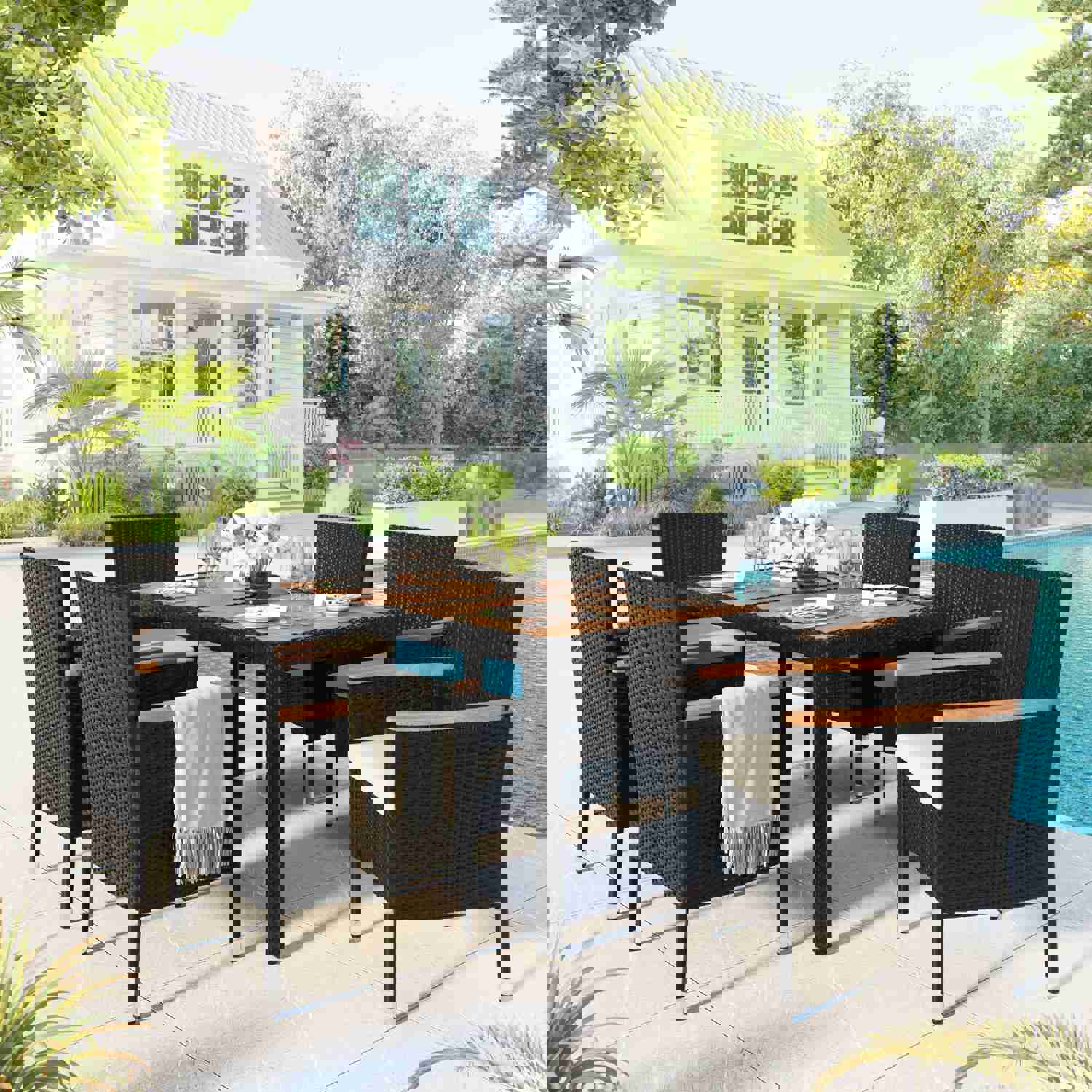 7-Piece Outdoor Patio Dining Set with Acacia Wood Tabletop and Stackable Armrest Chairs