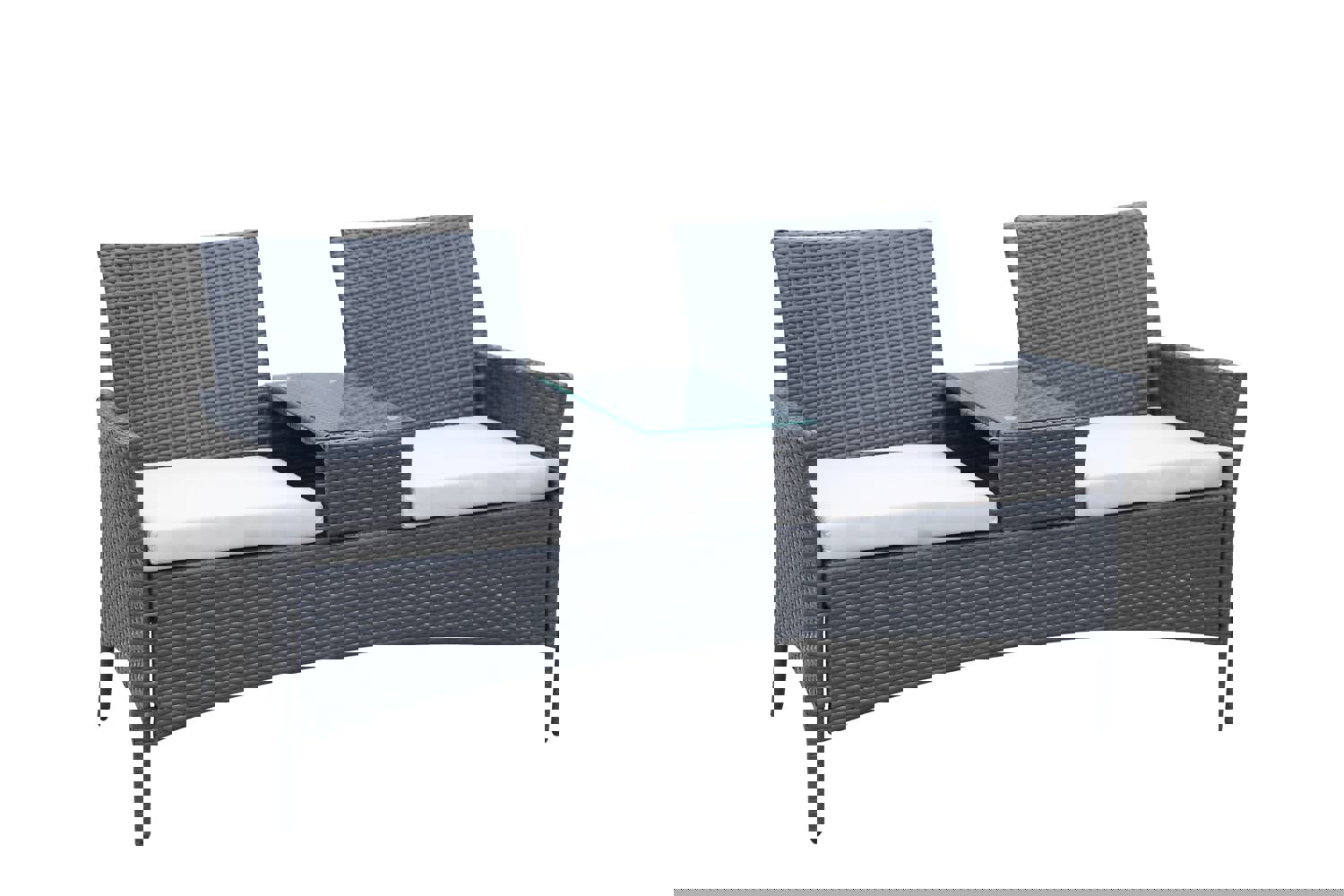 Patio Loveseat Furniture Set, Rattan Wicker Outdoor Set with Removable Cushions and Tempered Glass Table (Dark Brown)