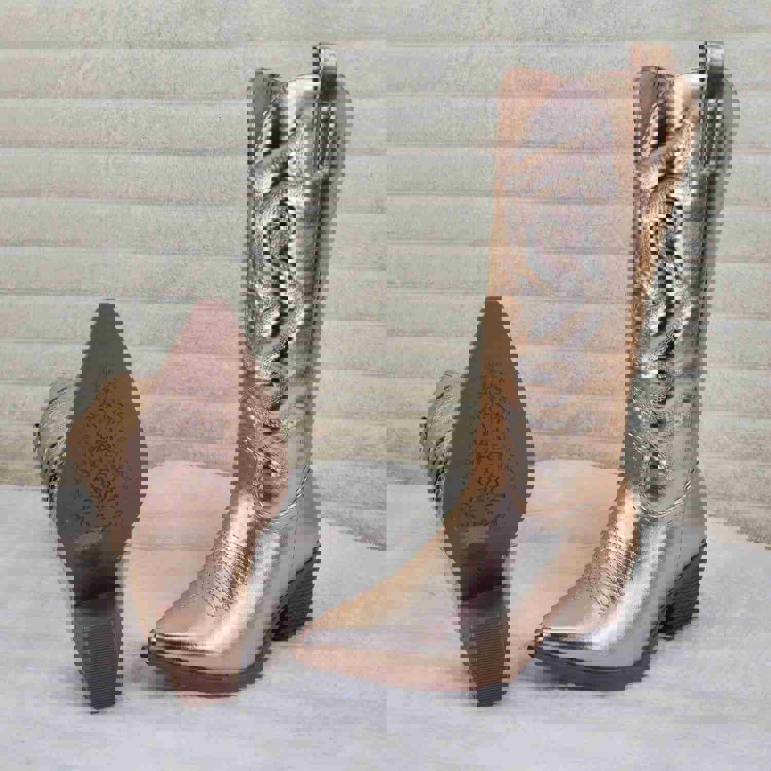 Disco Cowgirl Metallic Rose Gold Cowboy Knee Boots with Western Block Heels