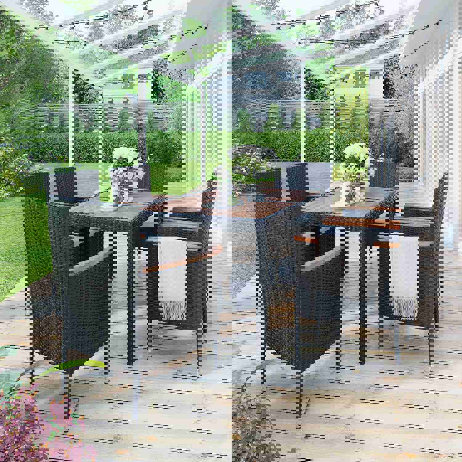 7-Piece Outdoor Patio Dining Set with Acacia Wood Tabletop and Stackable Armrest Chairs