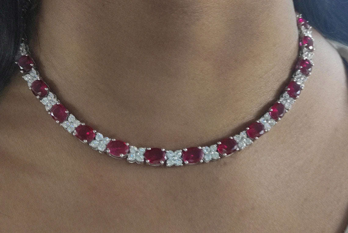 Oval & Round Cut Ruby and VVS Diamond Tennis Necklace 14K Yellow Gold Over