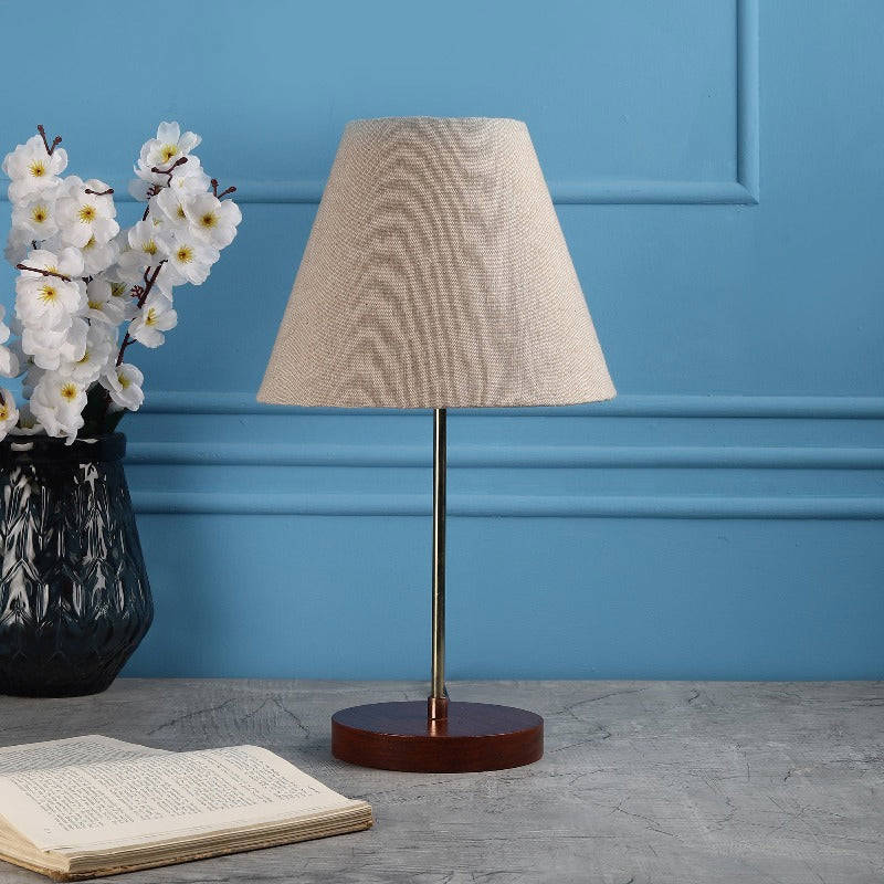 BTR CRAFTS Light Gold Rod & Brown Wooden Base Table Lamp with Conical Lampshade