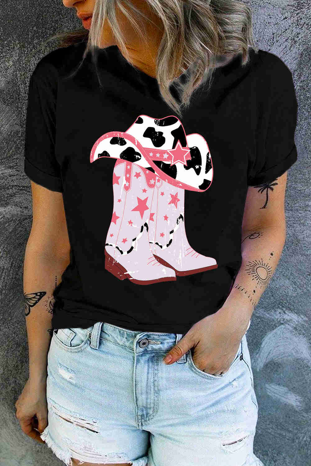Cowboy Hat and Boots Graphic Tee - Casual Round Neck Short Sleeve T-Shirt
