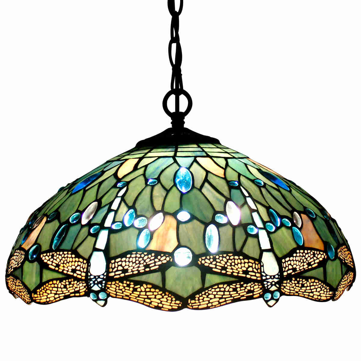 Tiffany Hanging Light Werfactory® Pendant Lamp Fixture Sea Blue Stained Glass Dragonfly 16 Inch