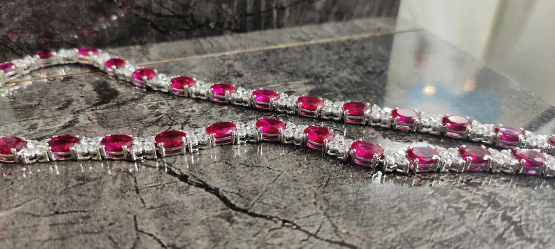 Oval & Round Cut Ruby and VVS Diamond Tennis Necklace 14K Yellow Gold Over