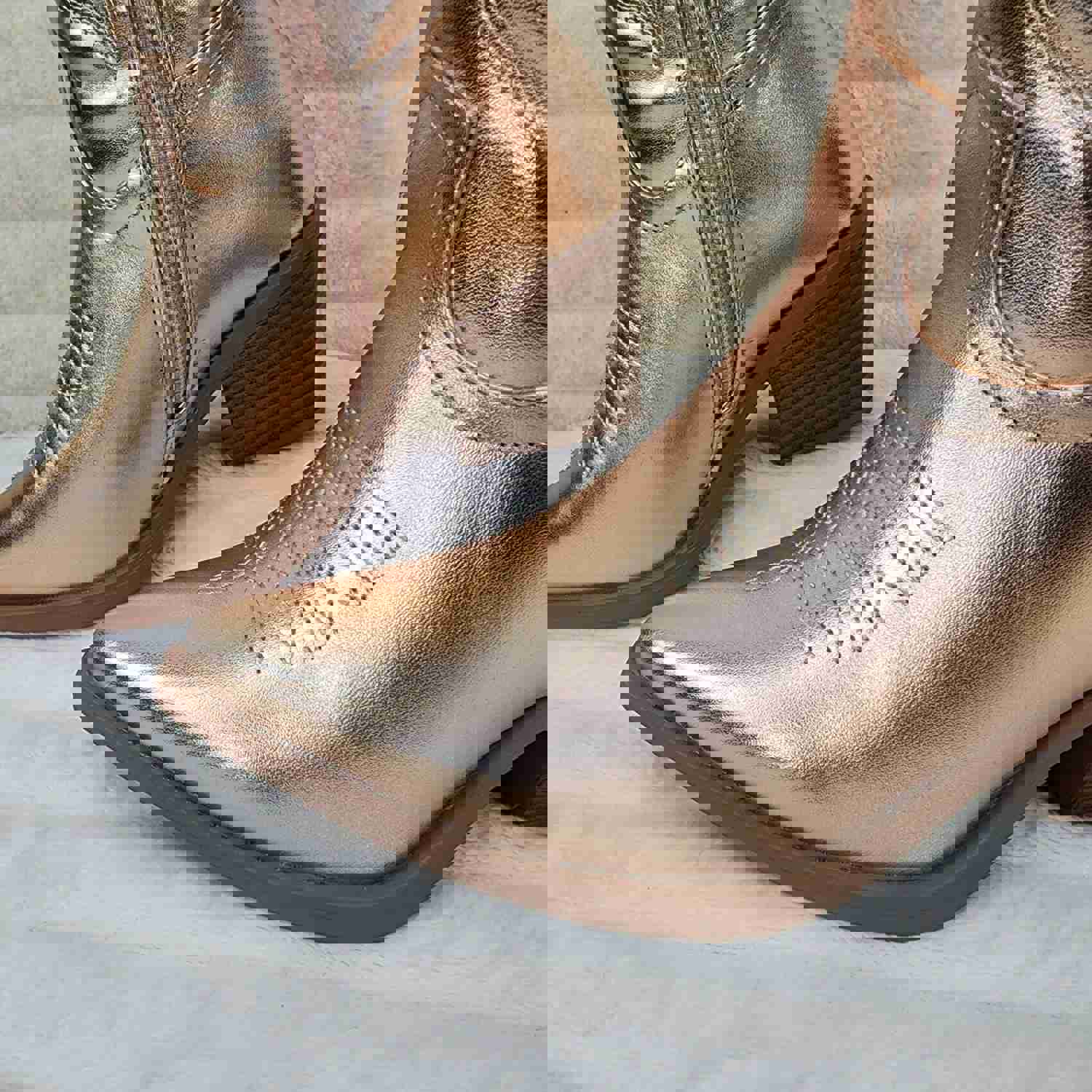 Disco Cowgirl Metallic Rose Gold Cowboy Knee Boots with Western Block Heels
