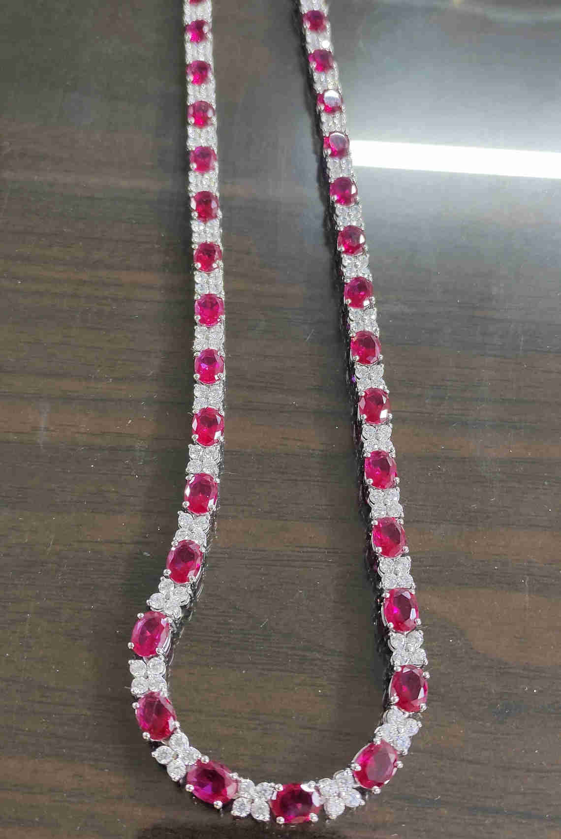 Oval & Round Cut Ruby and VVS Diamond Tennis Necklace 14K Yellow Gold Over