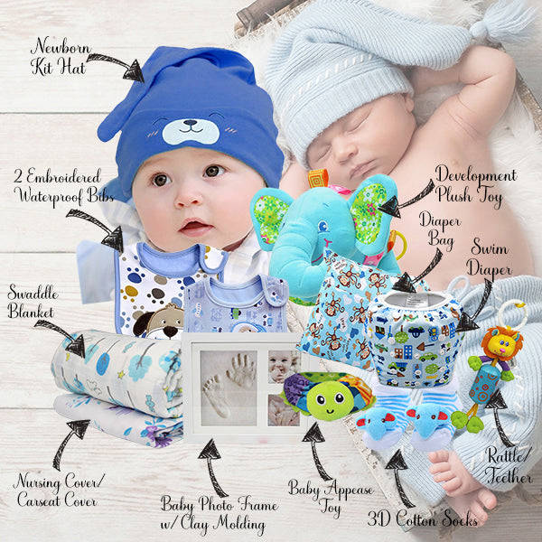 Blue Baby Boy Bundle Gift Set with Essentials, Toys & Accessories for 1st Year (12 Items)