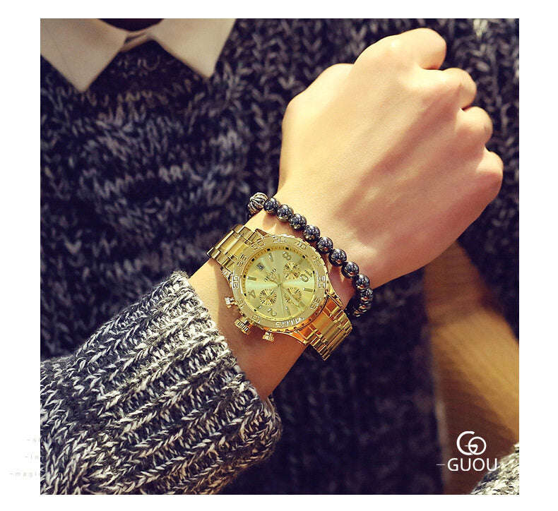 GUOU Women's Watch - Fashion Trend Large Dial Calendar Korean Style Steel Band Quartz Watch