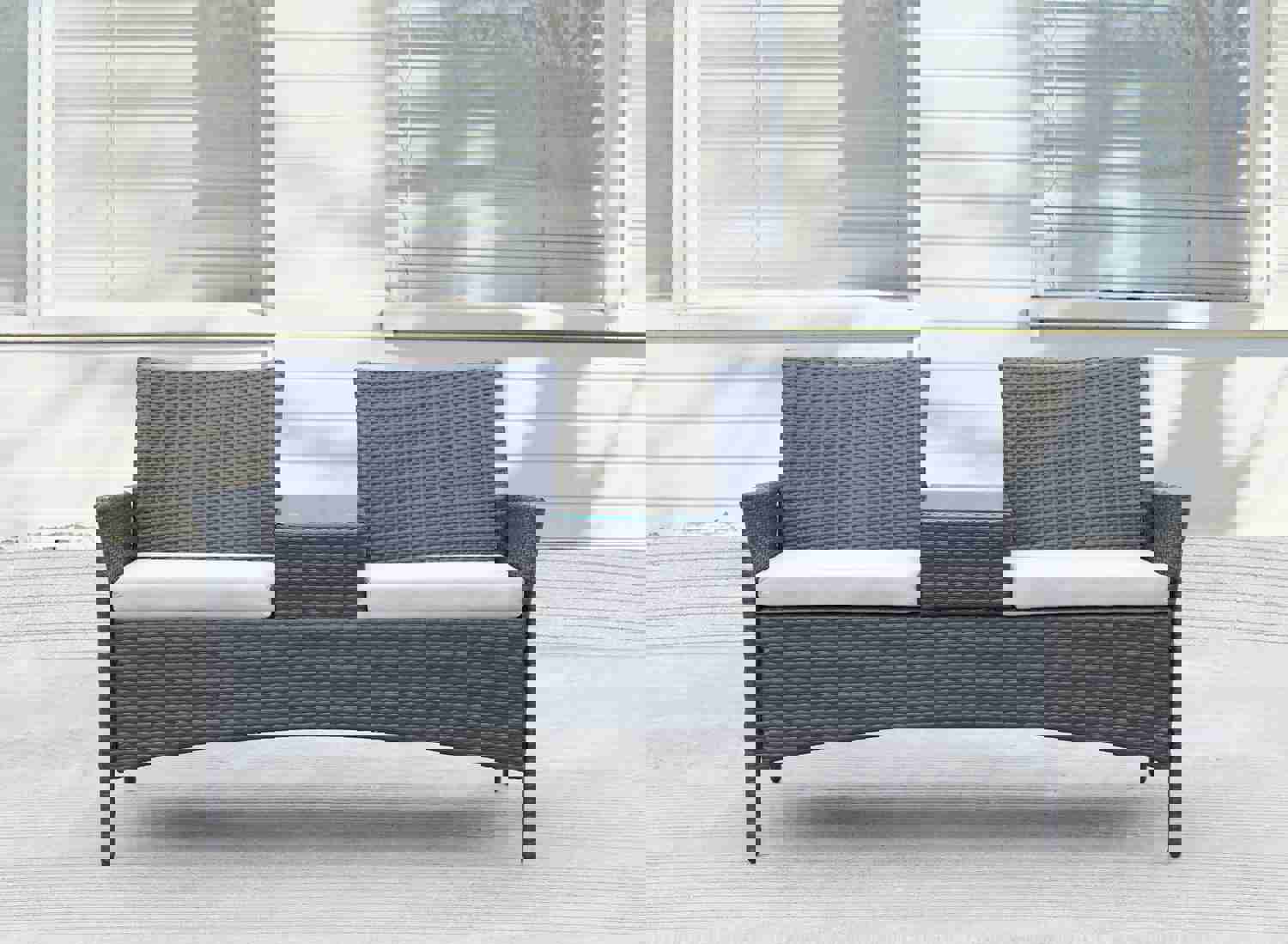 Patio Loveseat Furniture Set, Rattan Wicker Outdoor Set with Removable Cushions and Tempered Glass Table (Dark Brown)