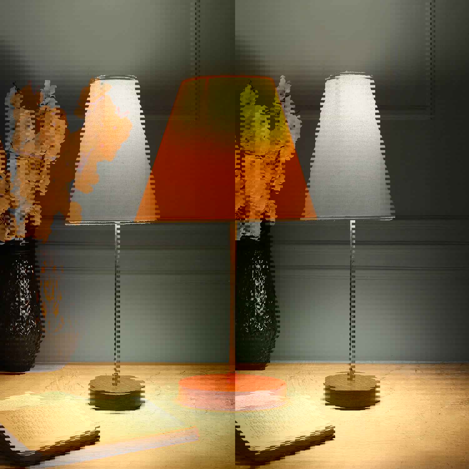 BTR CRAFTS Light Gold Rod & Brown Wooden Base Table Lamp with Conical Lampshade