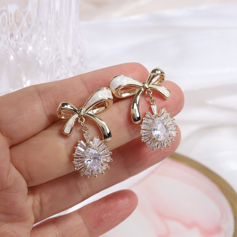 Korean Sweet Dripping Bowknot Zircon Pendant Earrings for Women