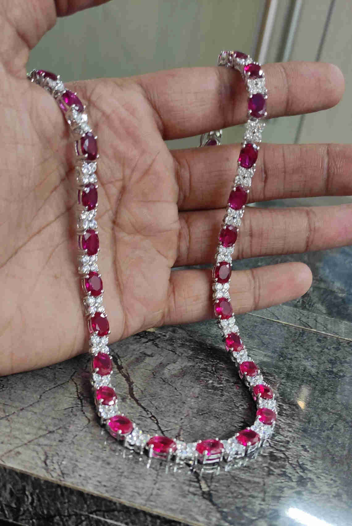 Oval & Round Cut Ruby and VVS Diamond Tennis Necklace 14K Yellow Gold Over