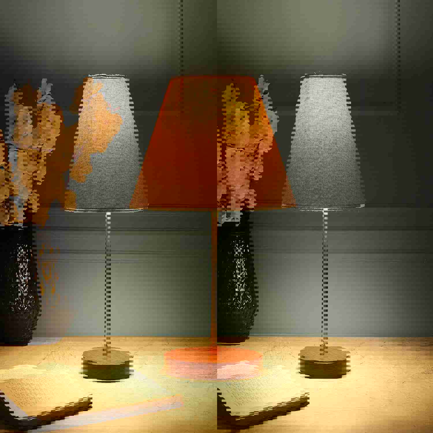 BTR CRAFTS Light Gold Rod & Brown Wooden Base Table Lamp with Conical Lampshade