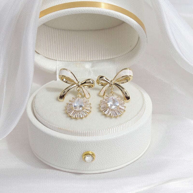 Korean Sweet Dripping Bowknot Zircon Pendant Earrings for Women