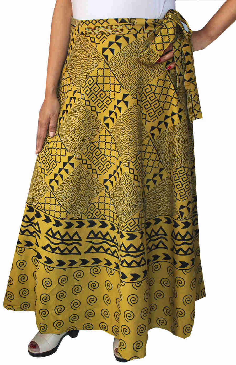 Cotton Wrap Around Long Printed Skirt for Women - Hand Block Printed (Dark Yellow)