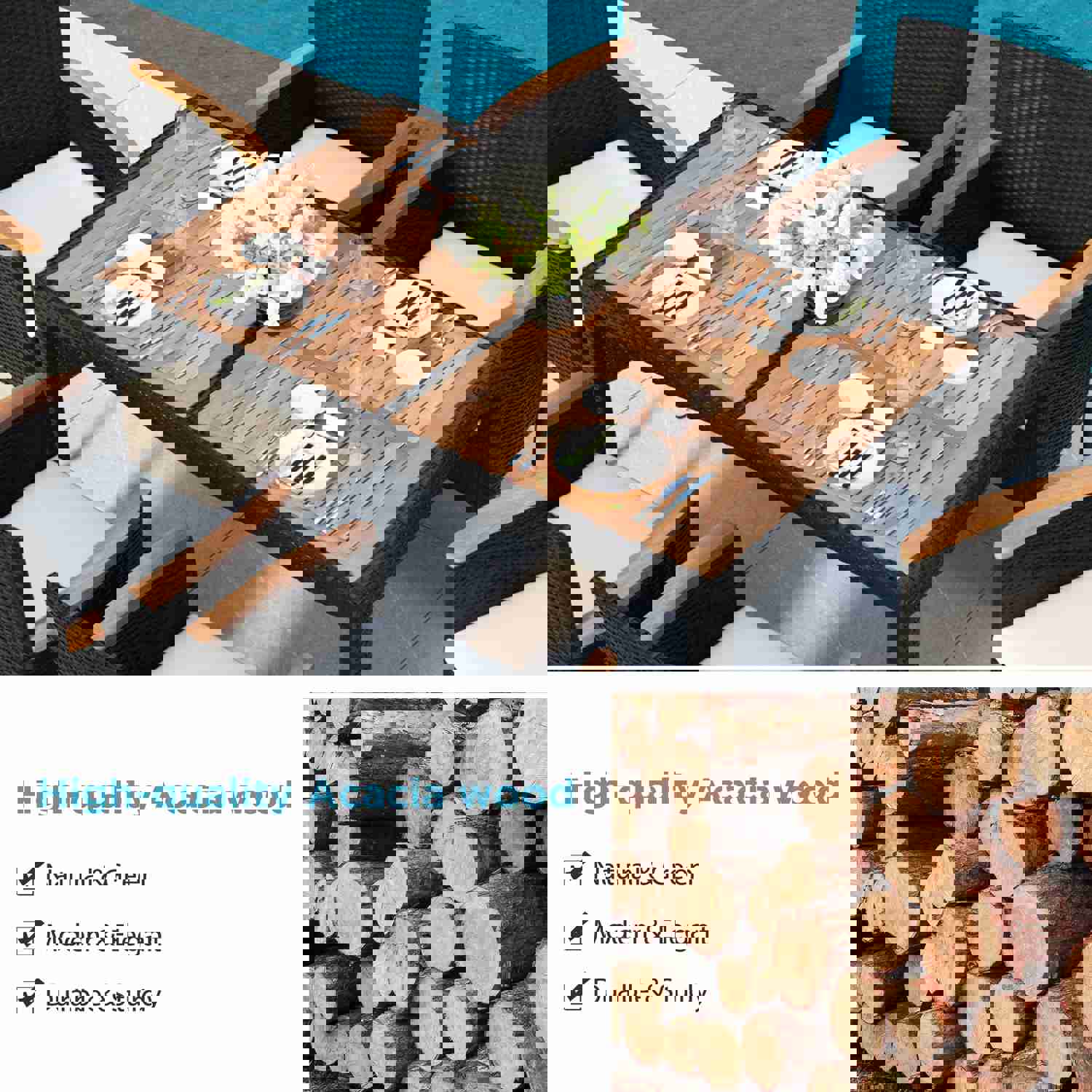 7-Piece Outdoor Patio Dining Set with Acacia Wood Tabletop and Stackable Armrest Chairs