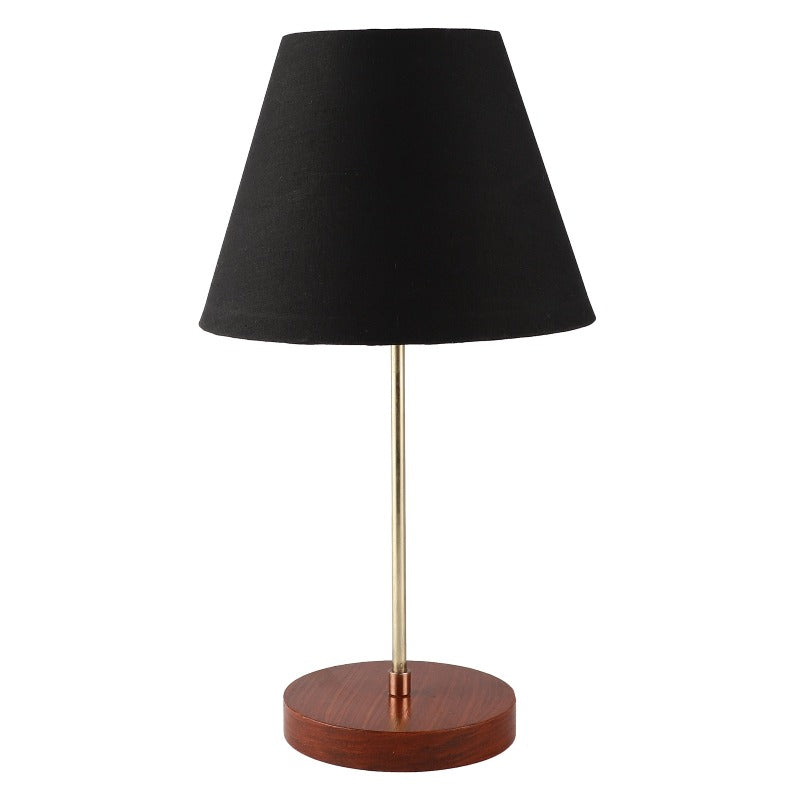BTR CRAFTS Light Gold Rod & Brown Wooden Base Table Lamp with Conical Lampshade