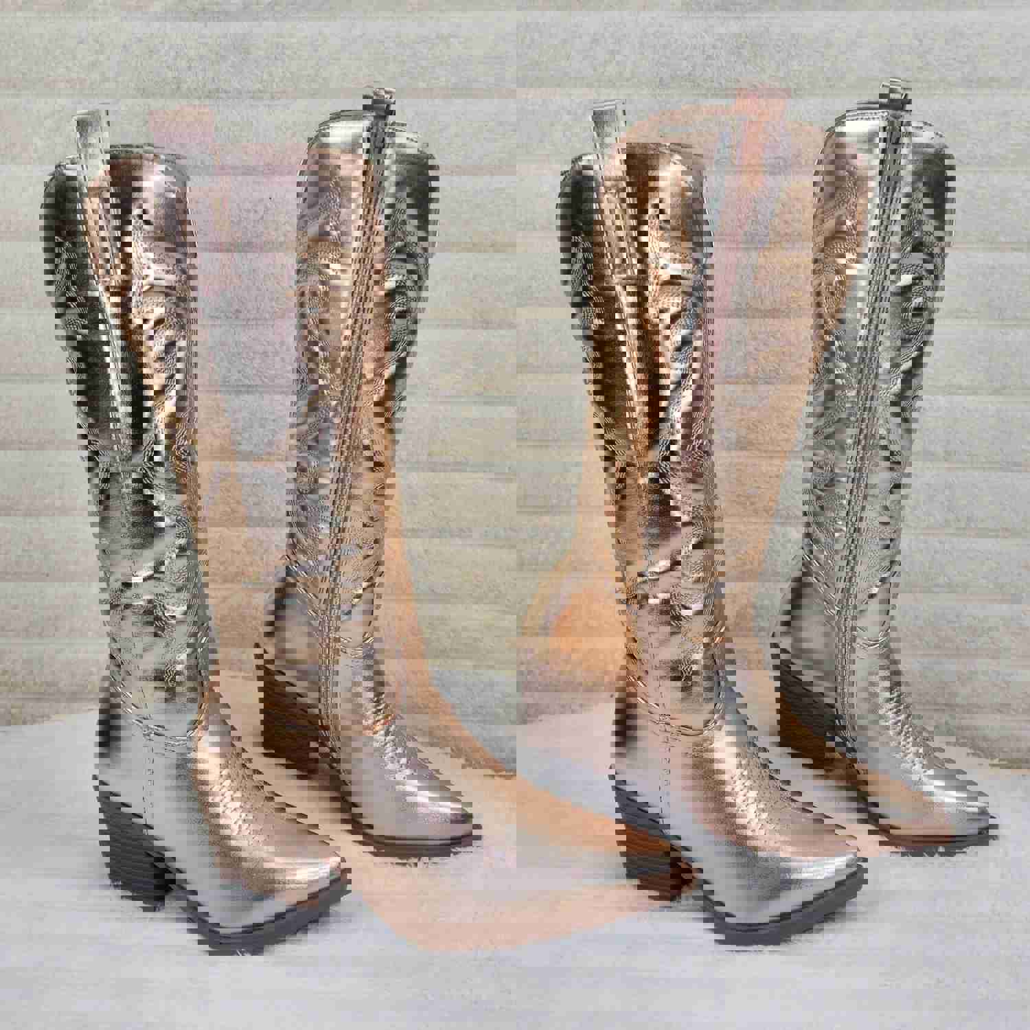 Disco Cowgirl Metallic Rose Gold Cowboy Knee Boots with Western Block Heels