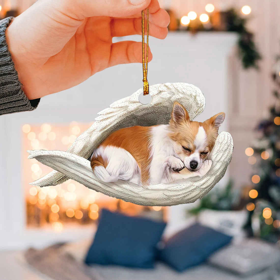 Longhair Chihuahua Sleeping Angel Wing - Memorial Dog Lover Rear View Mirror Car Accessory