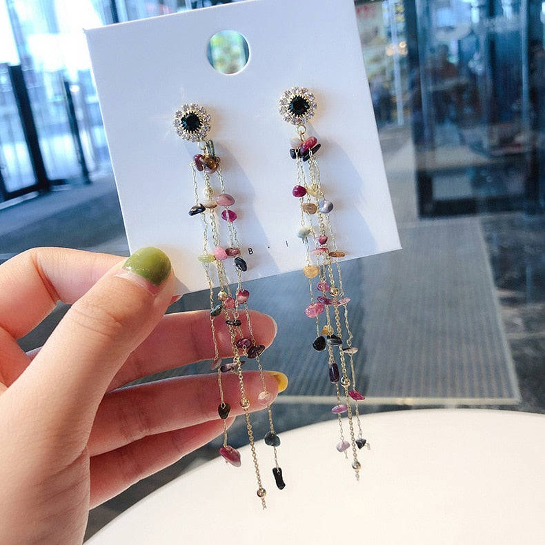 2022 Korean Design Jewelry Long Chain Personality Color Stone Earrings Crystal Tassel Earrings for Women Gift