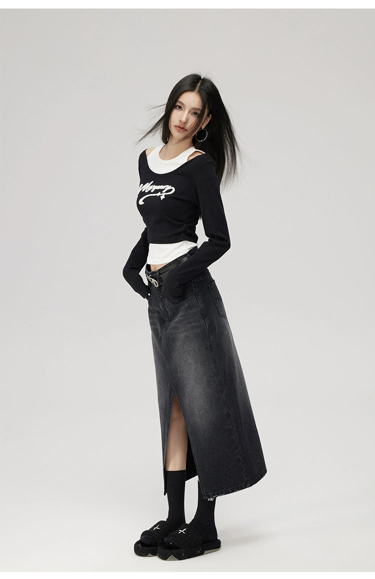 Black 2-in-1 Embroidered Patchwork Blouse