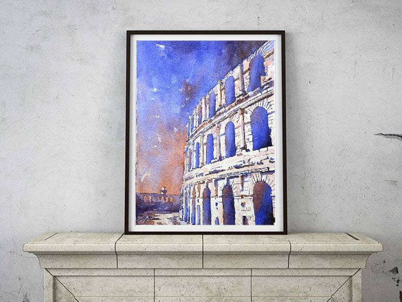 Roman Coliseum in El-Djem, Tunisia - Original Watercolor Painting for Home Decor