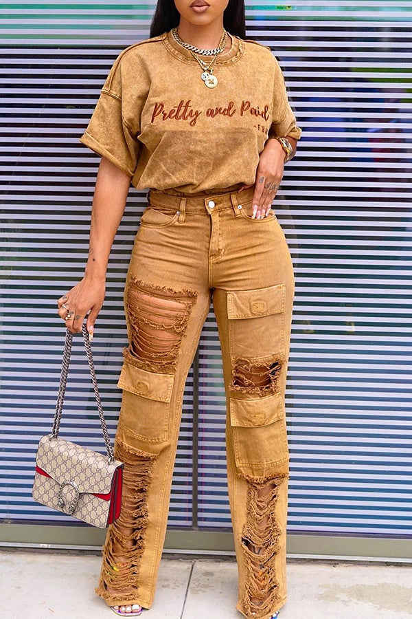 Fashion Trend Letter Printing T-Shirt Washed Trousers Set