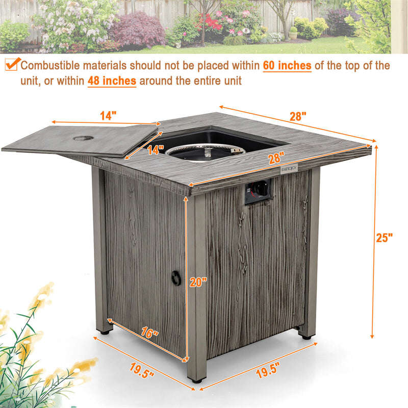 28” Square Propane Fire Pit Table with Lid, Lava Rocks & Cover