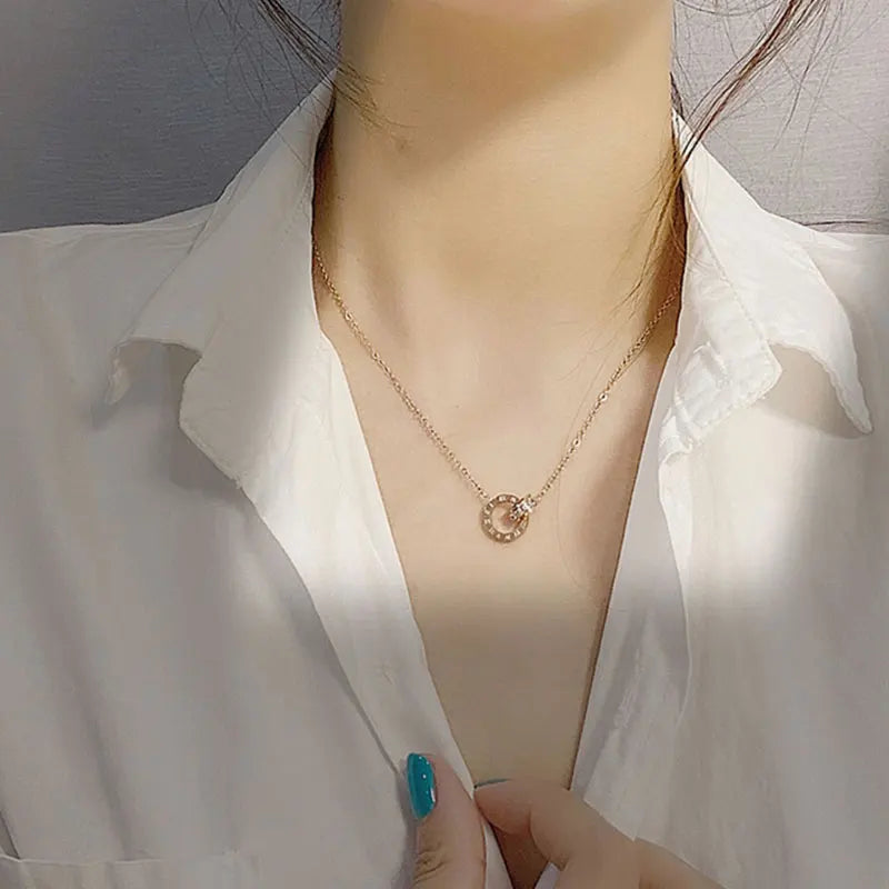 Classic Design Famous Brand Roman Numerals Pendant Necklace for Women - Titanium Steel Chain Necklace