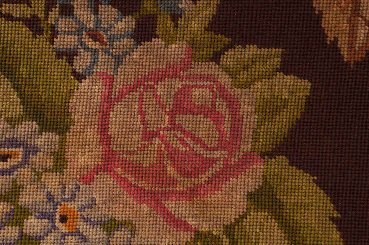 Antique Needlepoint Tablecloth with Rose Flower Pattern and Fringe (46")