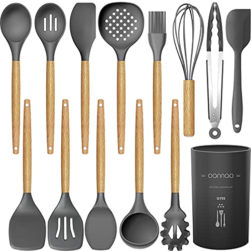 14 Pcs Silicone Cooking Utensils Set with Wooden Handles - Heat Resistant & BPA Free