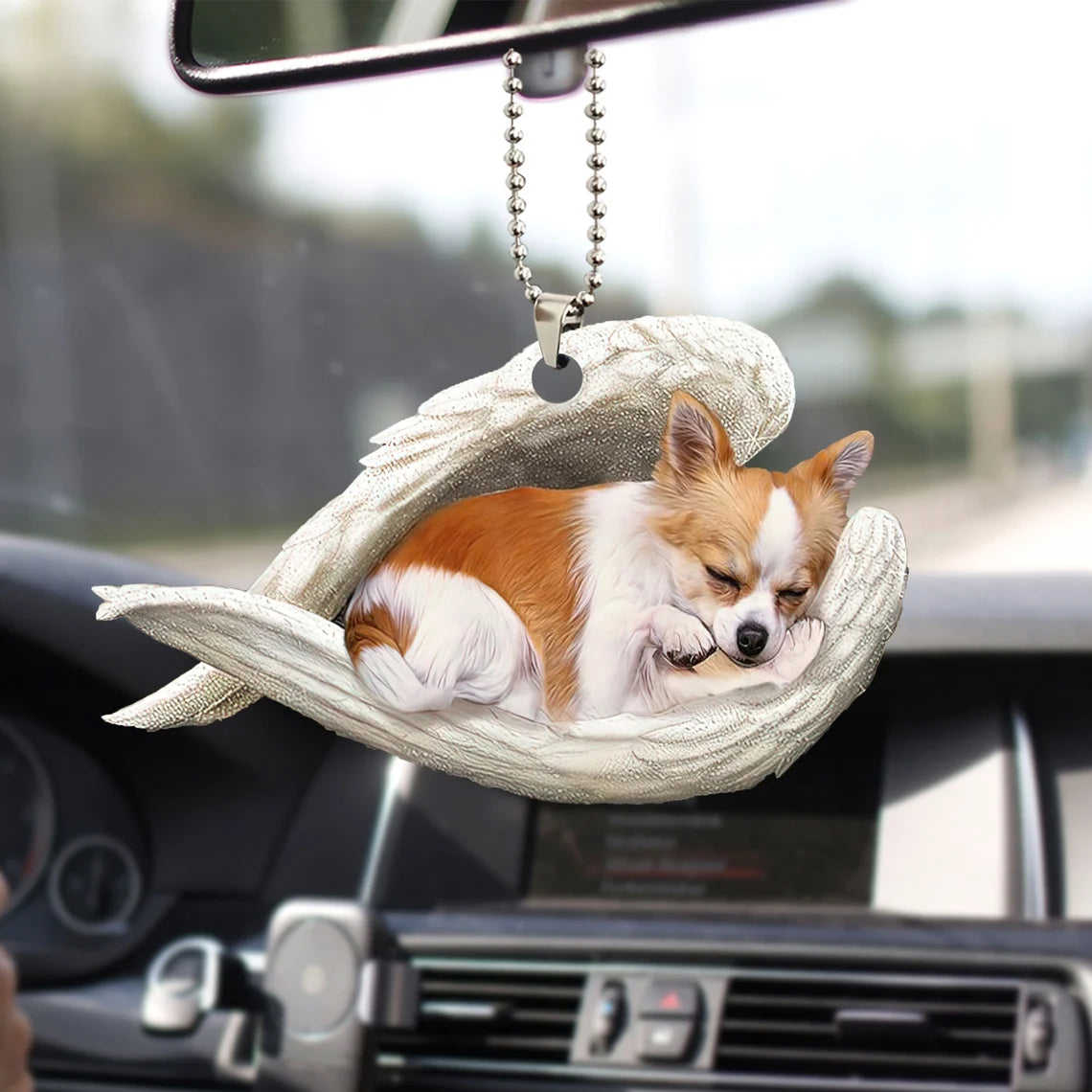 Longhair Chihuahua Sleeping Angel Wing - Memorial Dog Lover Rear View Mirror Car Accessory