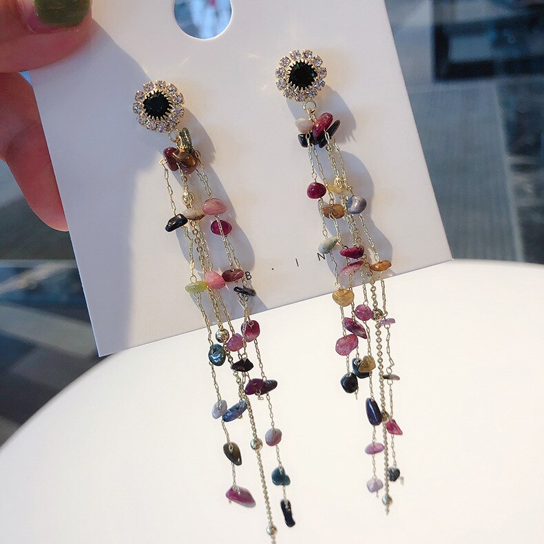 2022 Korean Design Jewelry Long Chain Personality Color Stone Earrings Crystal Tassel Earrings for Women Gift