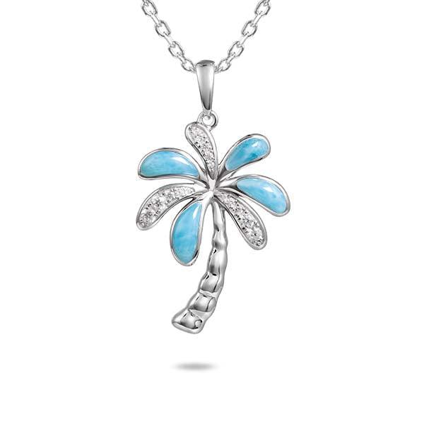 Larimar Island Palm Tree Pendant - 925 Sterling Silver with Larimar & Topaz