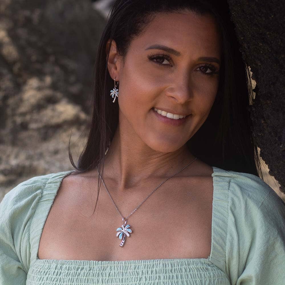 Larimar Island Palm Tree Pendant - 925 Sterling Silver with Larimar & Topaz