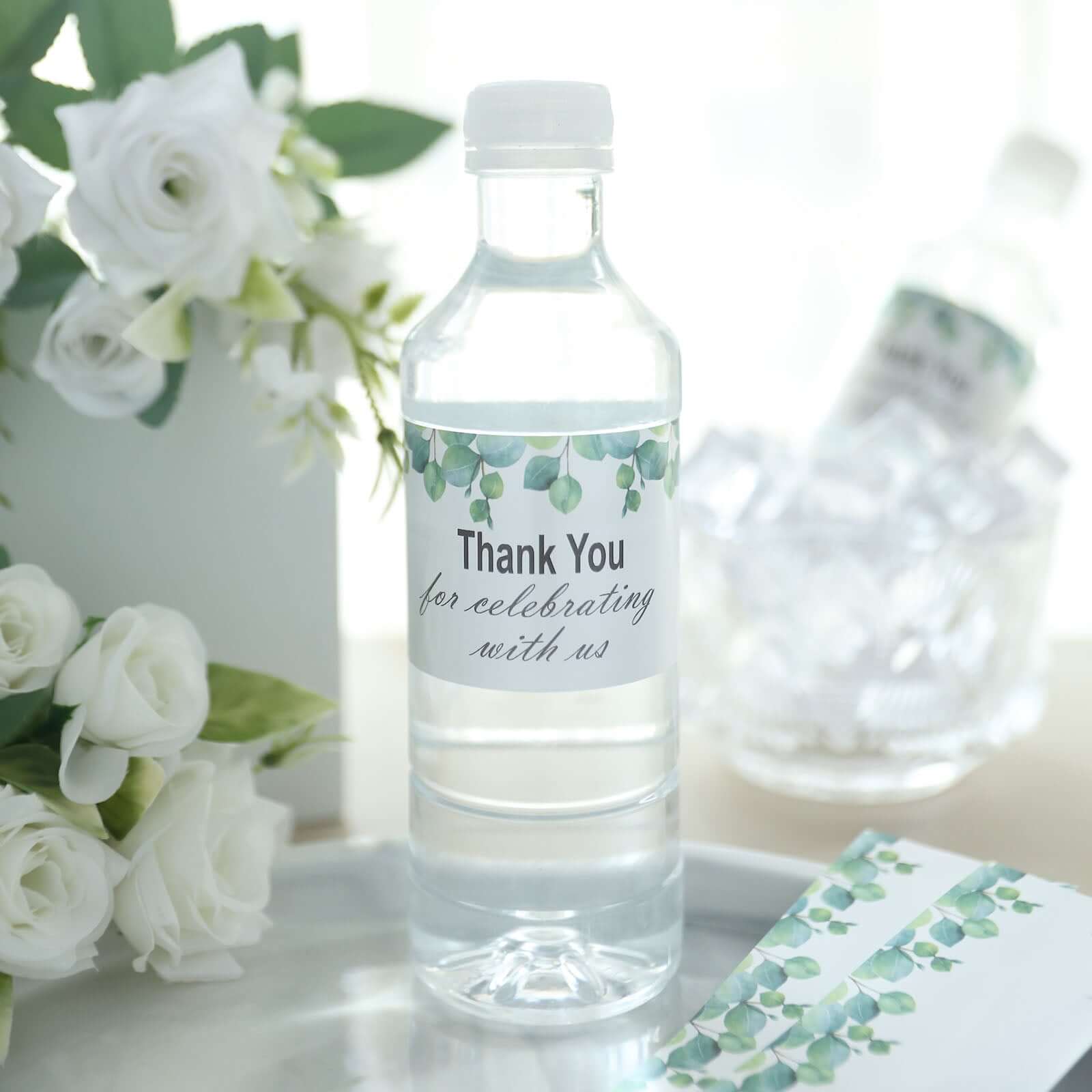 24 Pack White and Green Leaves Thank You Party Water Bottle Labels