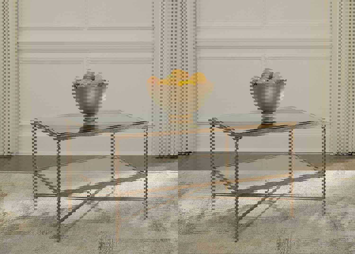 Cloverty Rectangular Cocktail Table with Aged Goldtone Finish