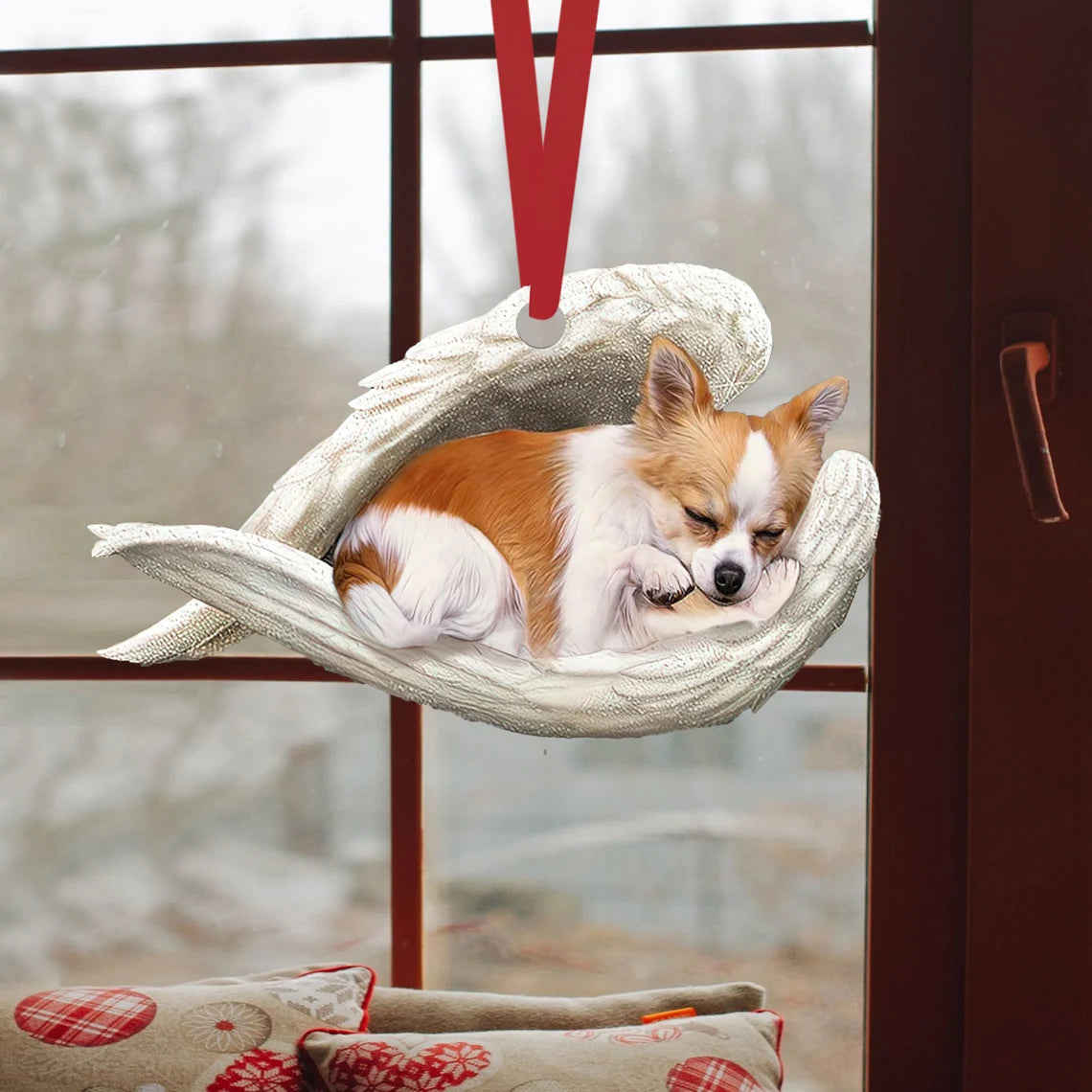 Longhair Chihuahua Sleeping Angel Wing - Memorial Dog Lover Rear View Mirror Car Accessory